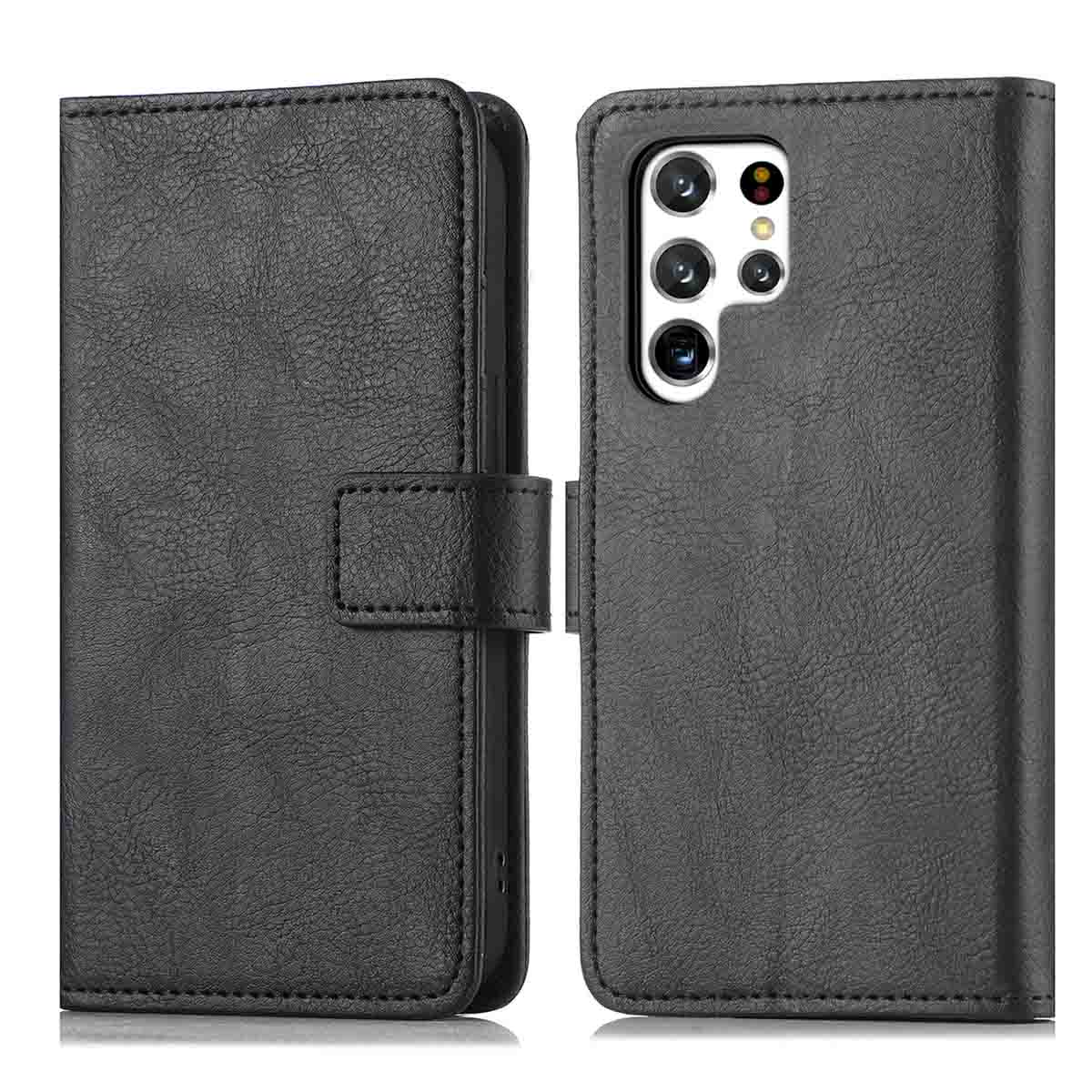 Coque de téléphone noire avec un design de portefeuille. L'étui est ouvert. Il a des emplacements pour cartes.