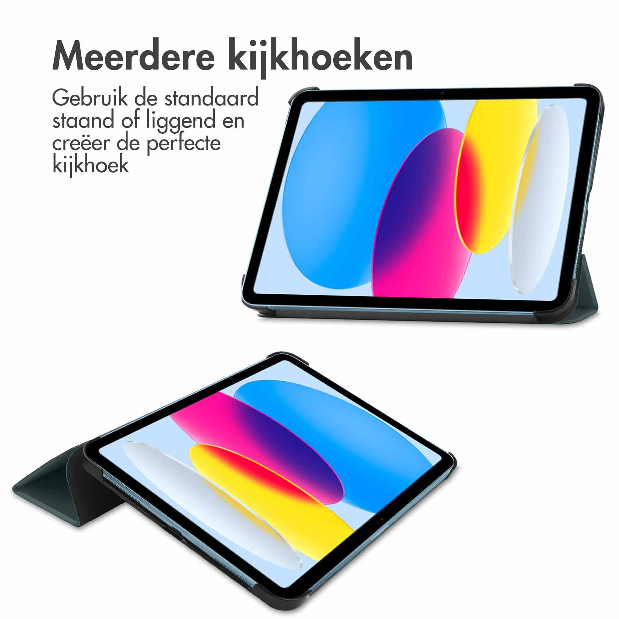 Twee tablets met blauwe hoesjes. De schermen tonen kleurrijke abstracte afbeeldingen. Tekst zegt 'Meerdere kijkhoeken'.