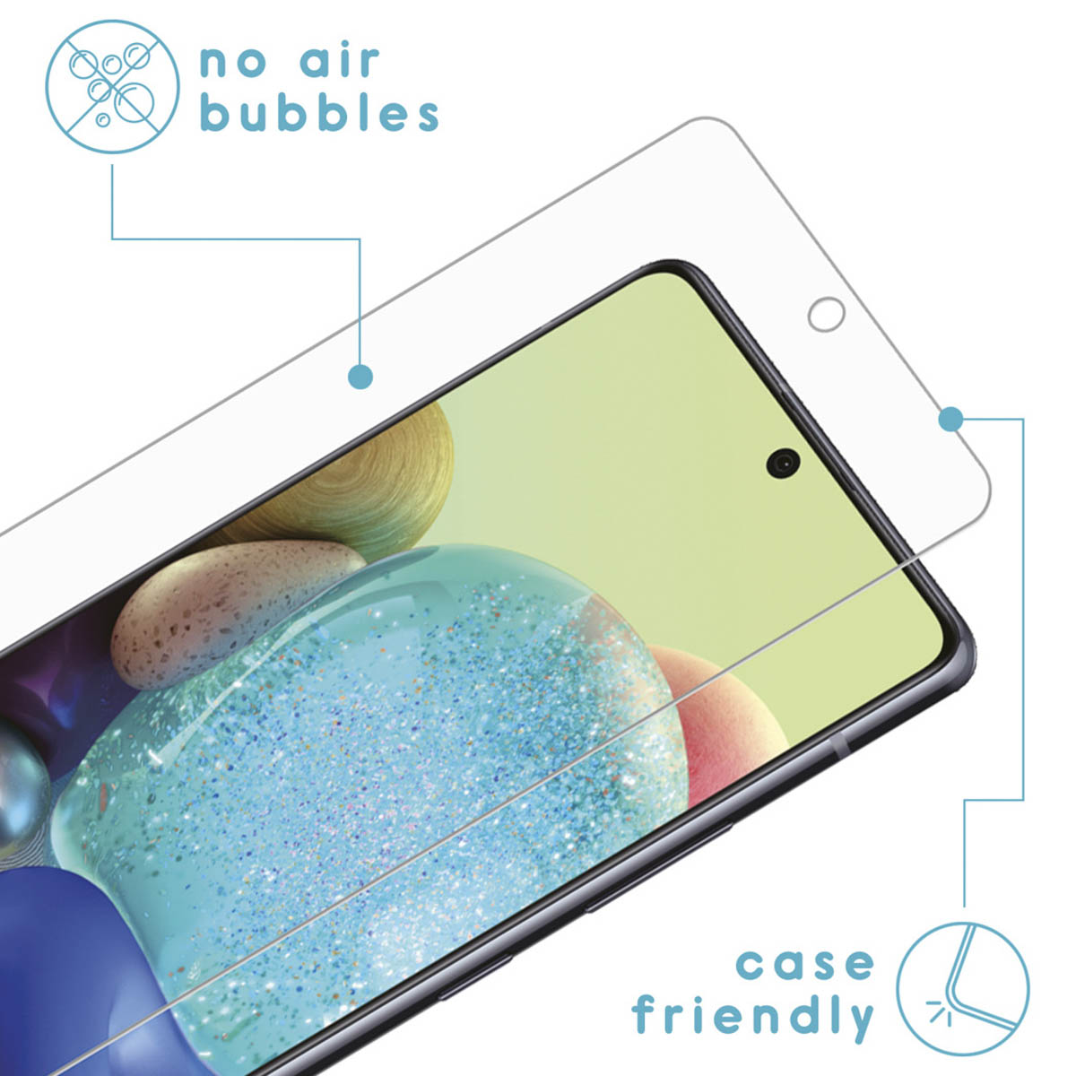 Telefoonscherm met een schermbeschermer. Het scherm heeft een blauwe, groene en witte achtergrond.