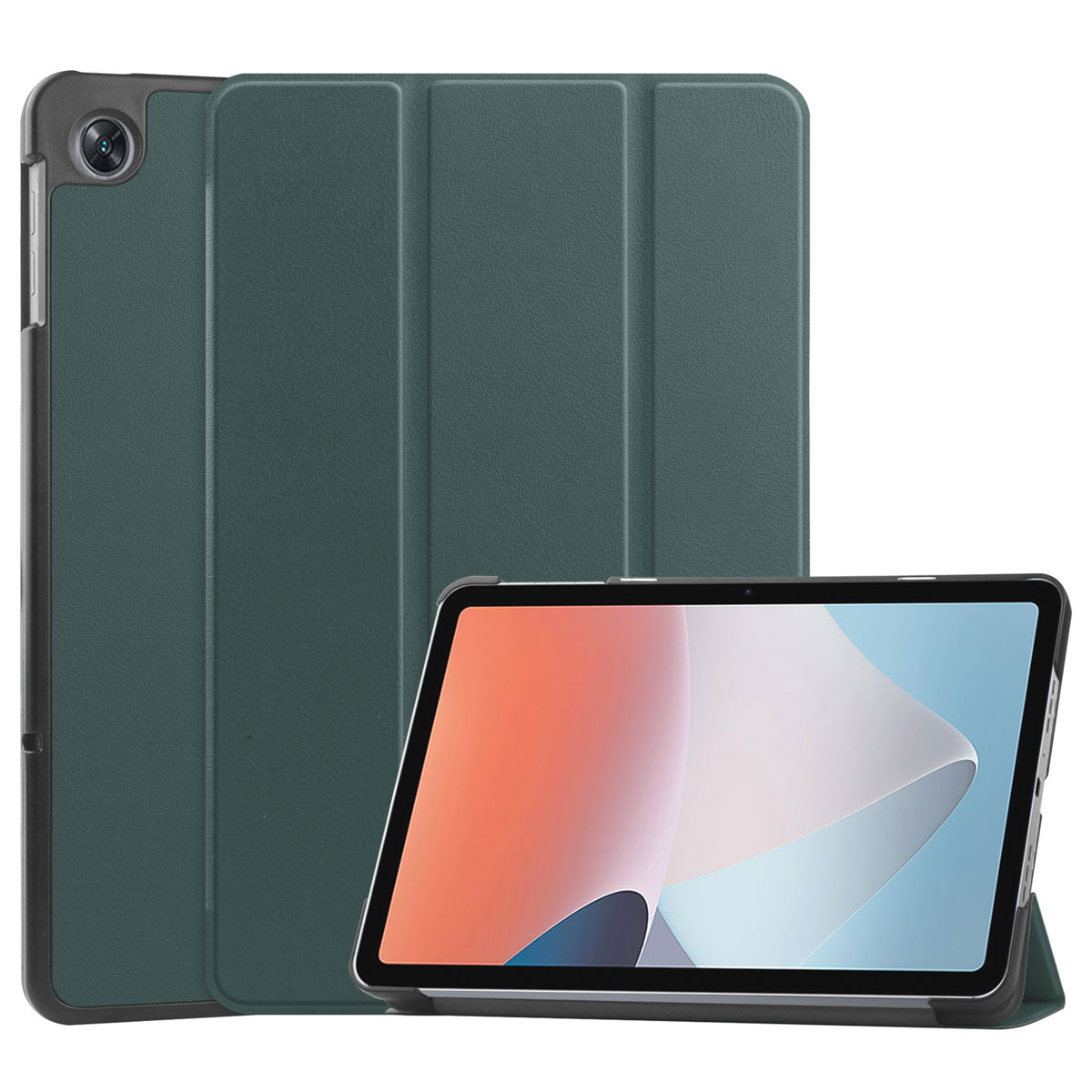 Groene tablethoes, open met tablet op zijn plaats. Tabletscherm toont een wit en blauw ontwerp.