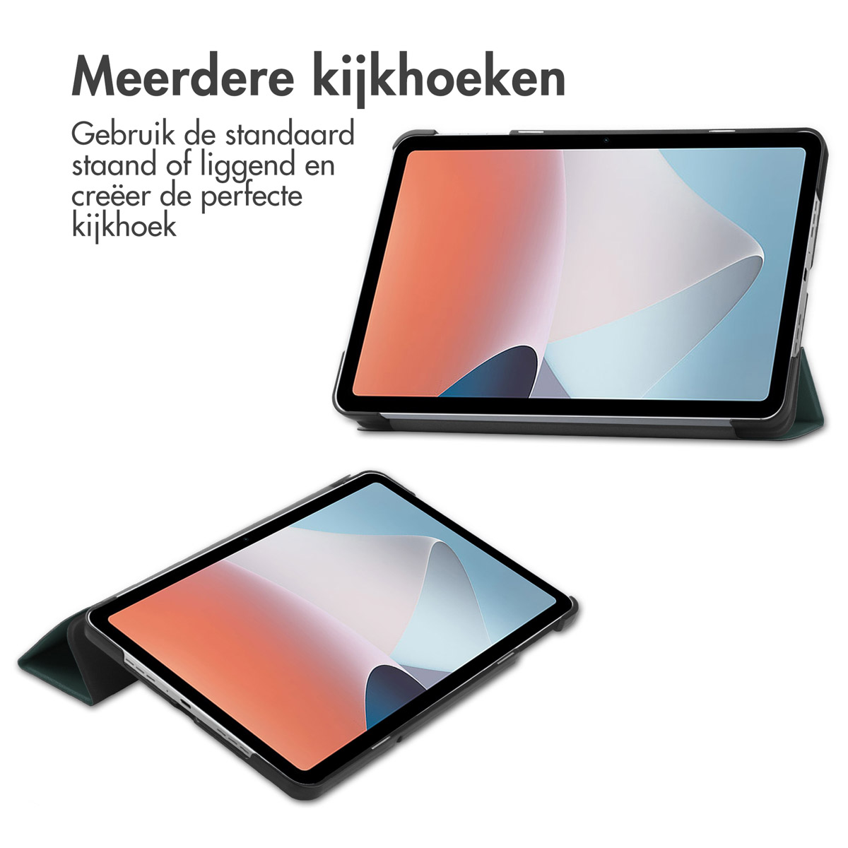 Tablets in hoesjes. Eén hoesje is open, de andere is gesloten. De hoesjes zijn zwart en groen.