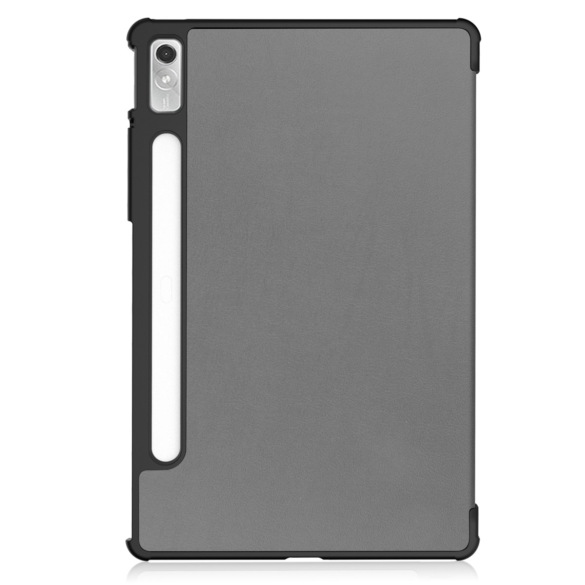 De tablet hoes is grijs. De hoes heeft een zwart frame met een witte pennenhouder.