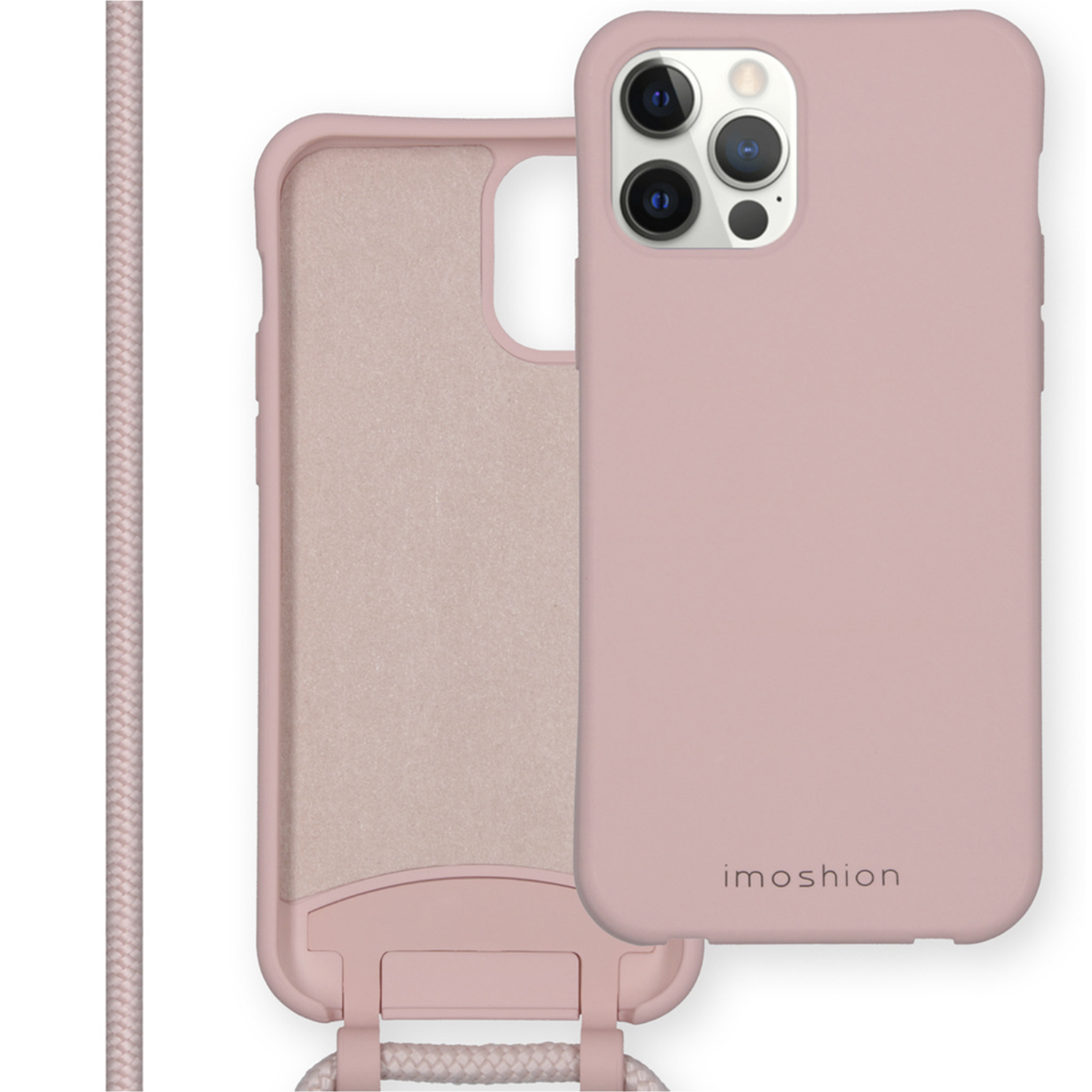 Coque de téléphone rose et cordon. La coque porte le logo de l'entreprise.
