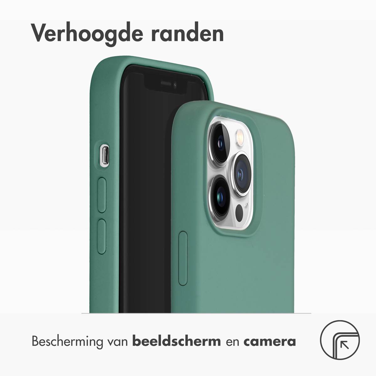 Er worden twee groene telefoonhoesjes getoond. Eén heeft een telefoon erin. Camera- en schermbescherming.