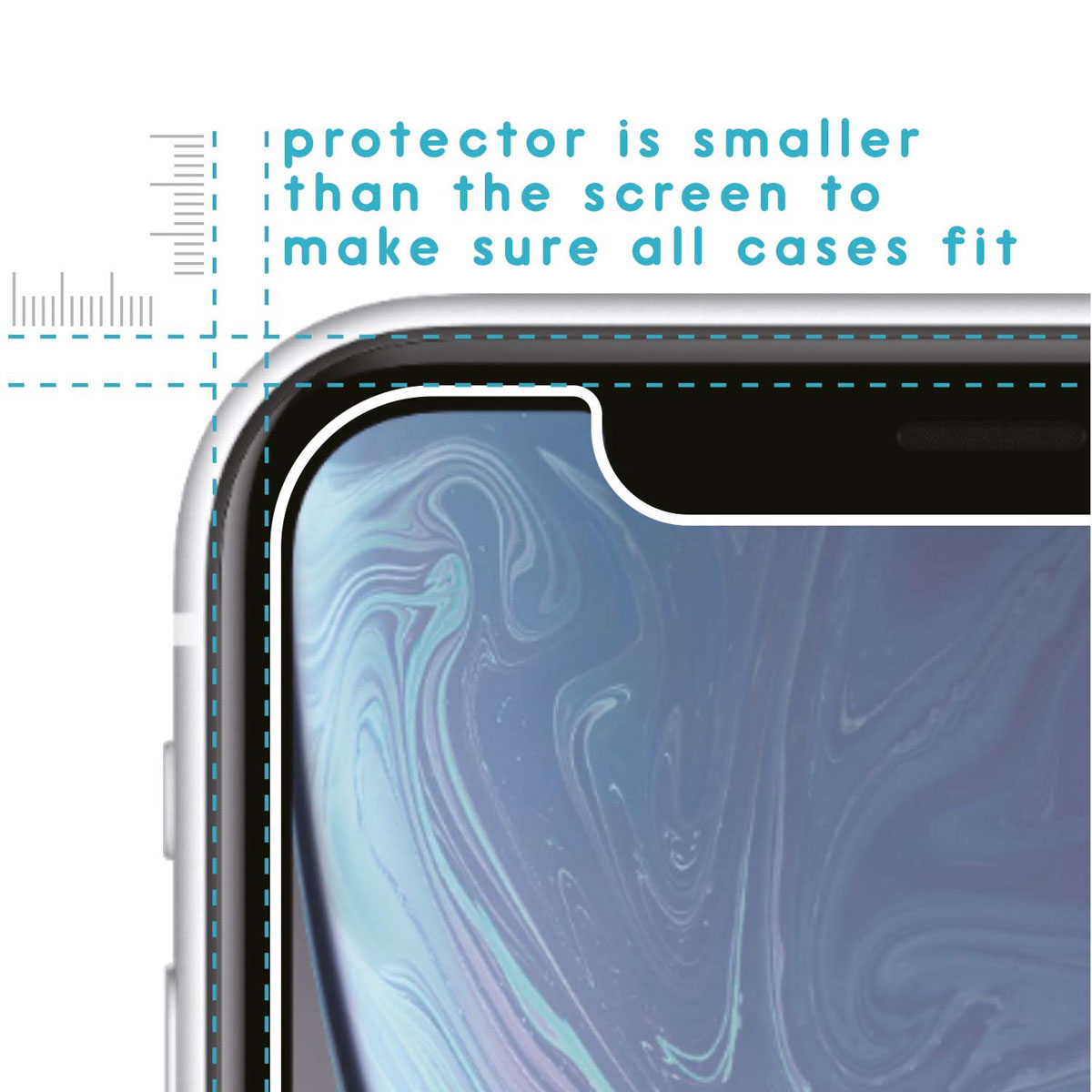 Een close-up van een telefoon schermbeschermer. De beschermer is iets kleiner dan het scherm.