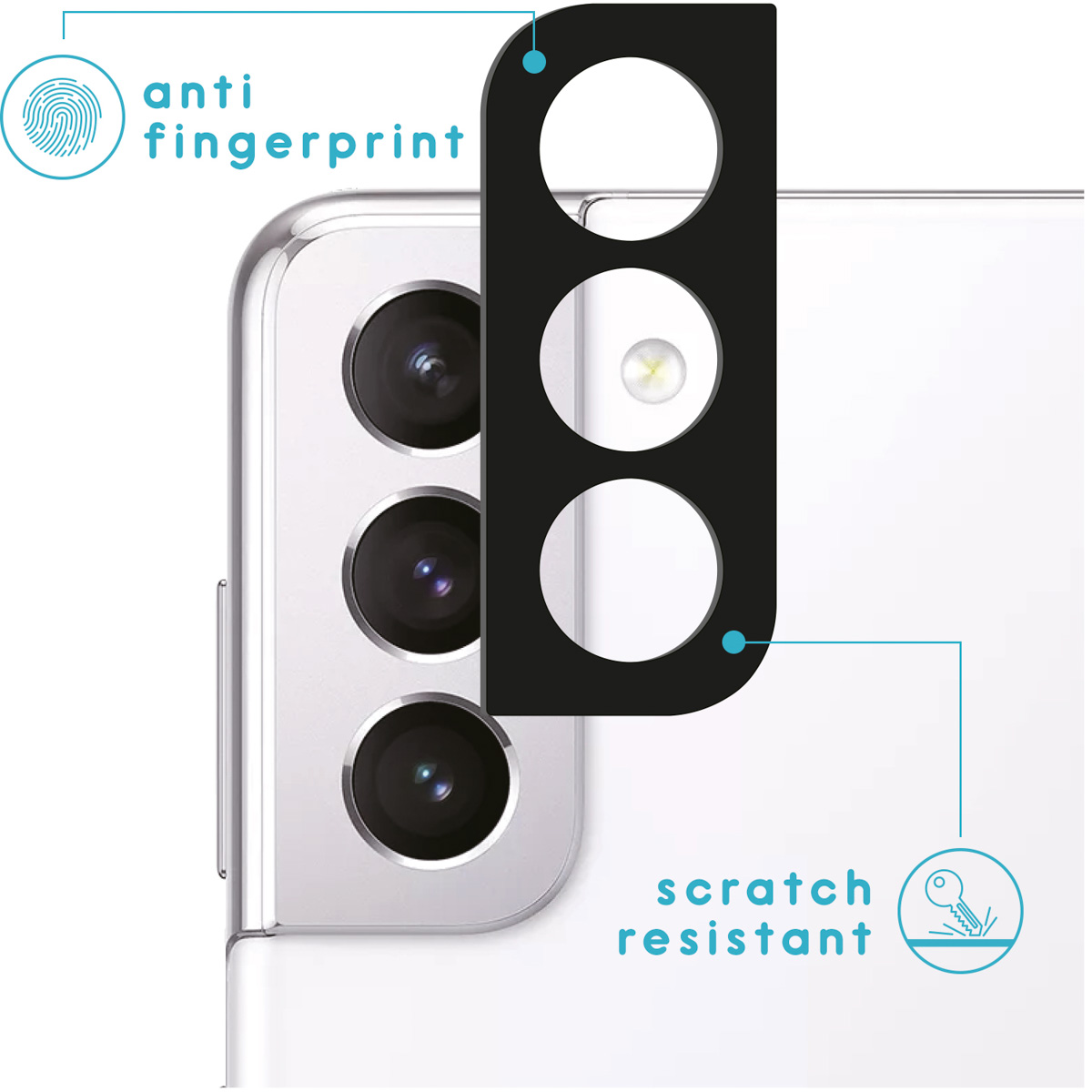Witte telefoon achterkant met drie camera's. Zwarte afdekking met cirkels voor camera's. Anti-vingerafdruk en krasbestendig.