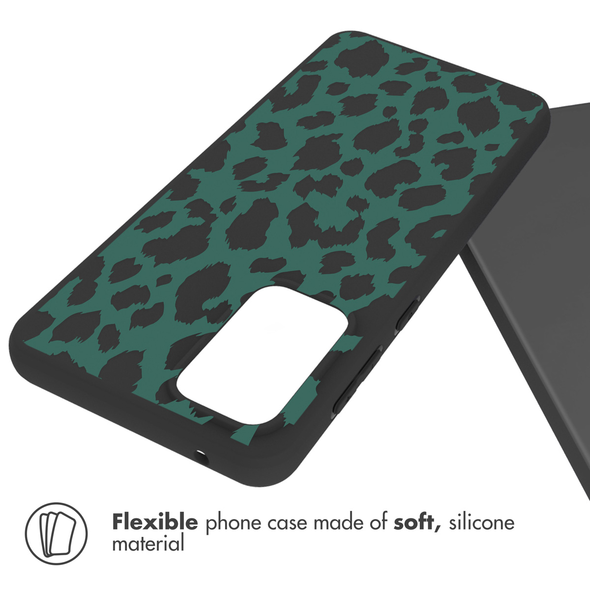 Une coque de téléphone avec un motif léopard vert. Le bord est noir et comporte des découpes pour les fonctions du téléphone.