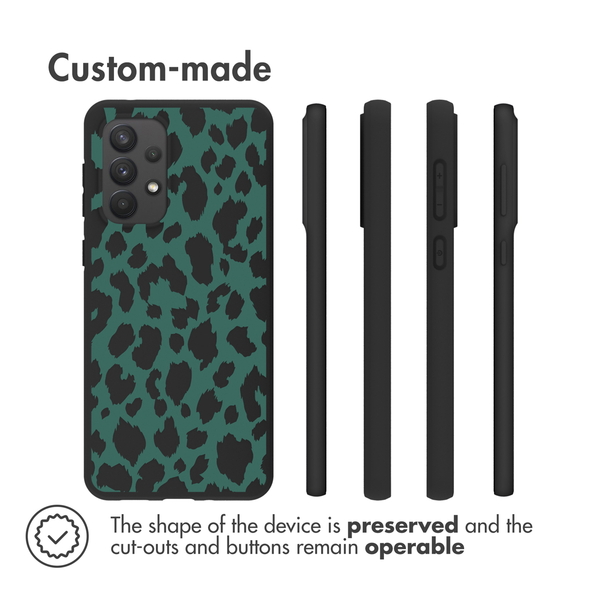 Une coque de téléphone avec un motif léopard vert. La forme est préservée et les découpes et boutons restent opérationnels. Fabriqué sur mesure.