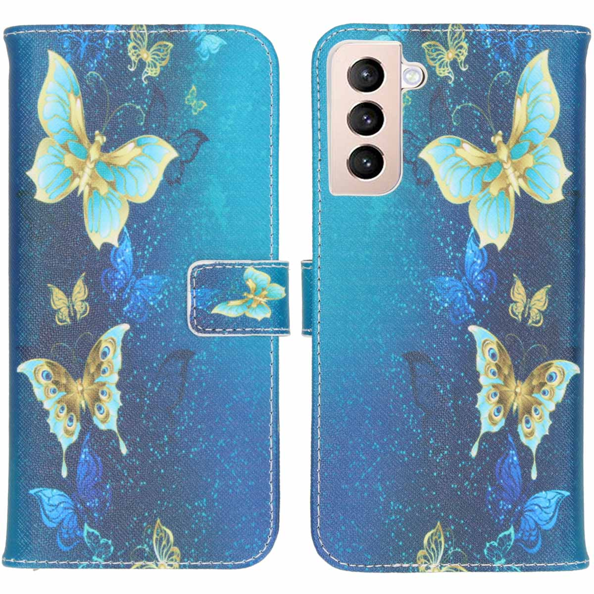 Étui de téléphone bleu avec motif papillon. Ouvert, montre un téléphone. 3 caméras visibles.