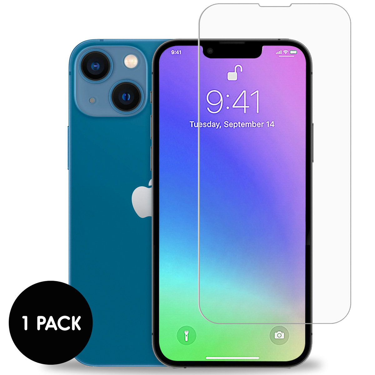 Telefoon met screenprotector. De telefoon en protector liggen naast een witte verpakking.