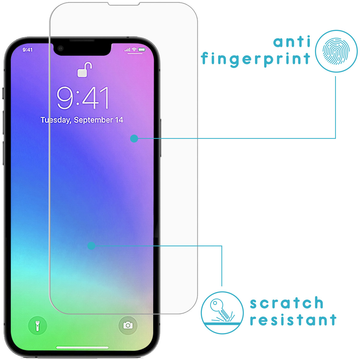 Telefoon met screenprotector, toont tijd en datum. Toont anti-vingerafdruk, krasbestendig.