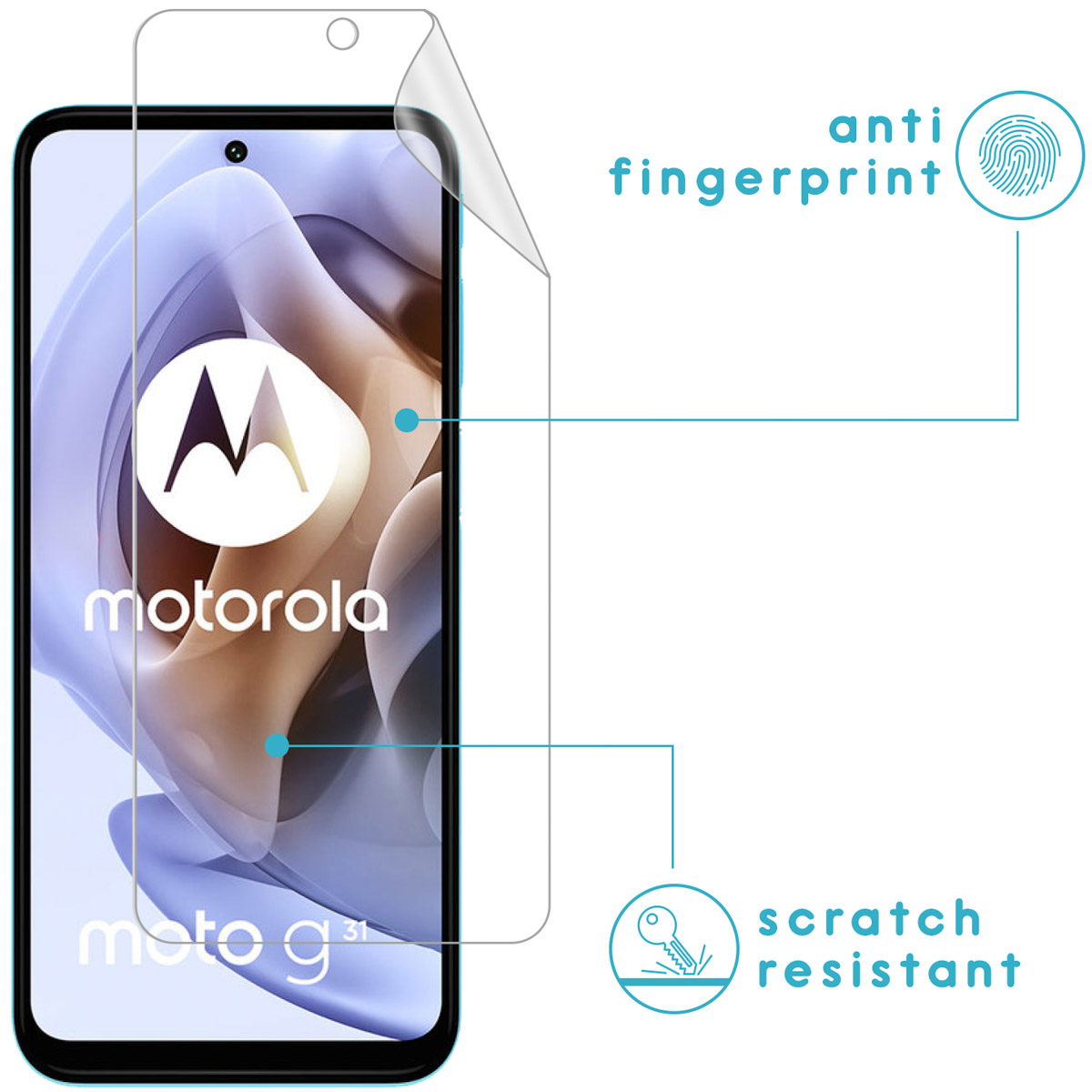 A phone with a screen protector and text: anti fingerprint, scratch resistant.