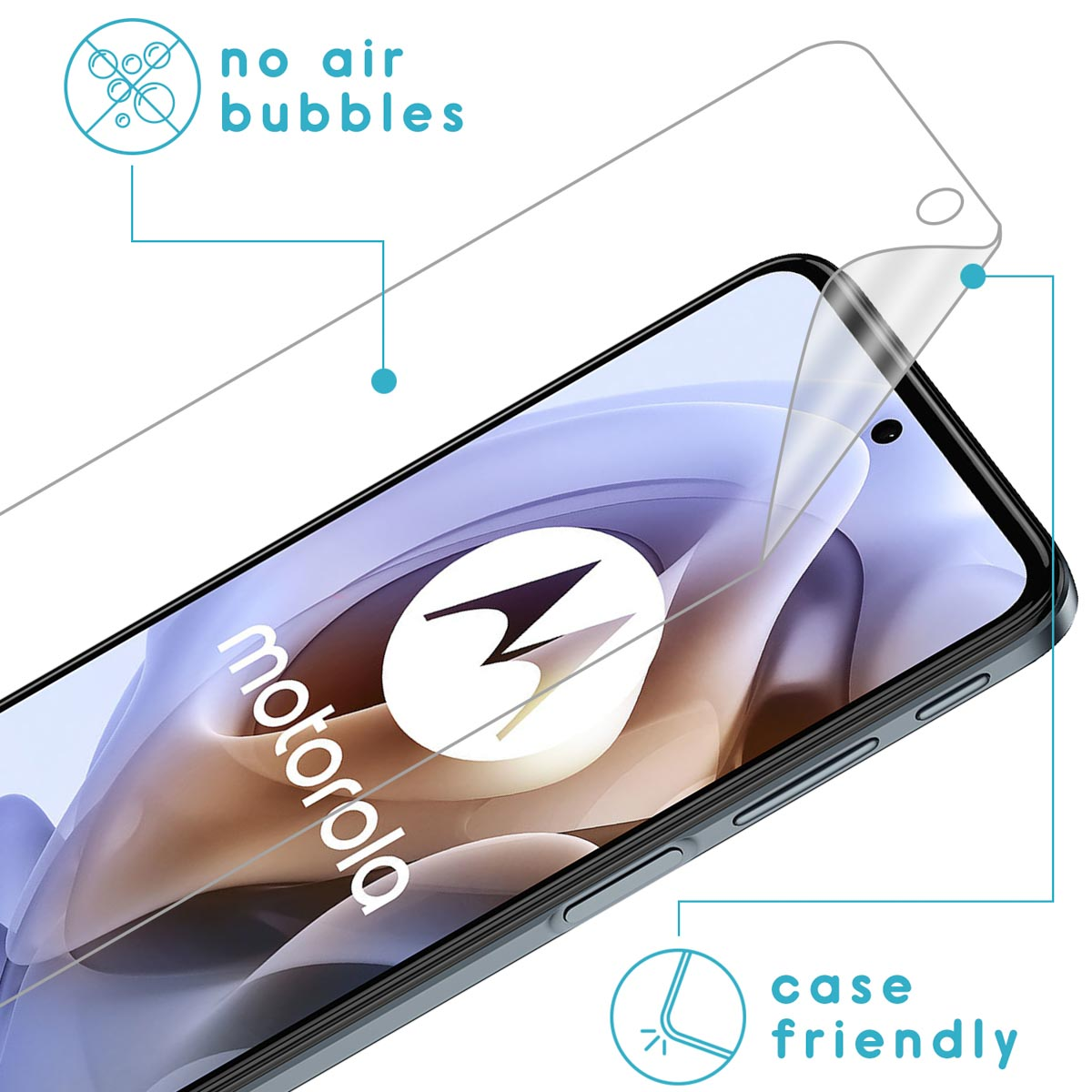 A phone with a screen protector applied. Text: no air bubbles, case friendly. Motorola logo is visible.