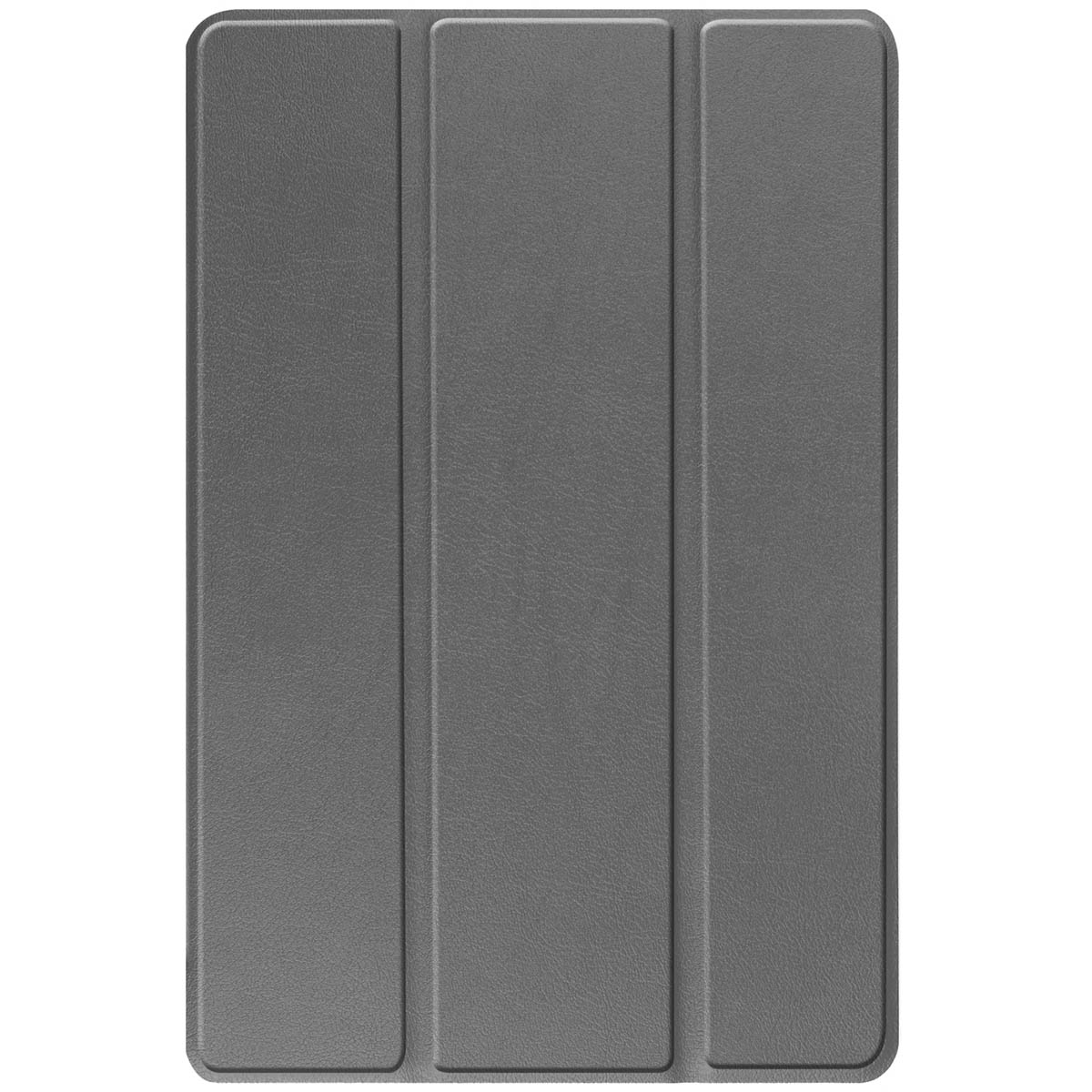 Grey tablet case, closed. Three vertical sections. Textured surface.
