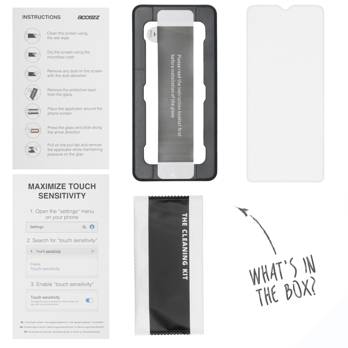 Instructions for a screen protector kit. Includes a cleaning kit, glass, and application tools.