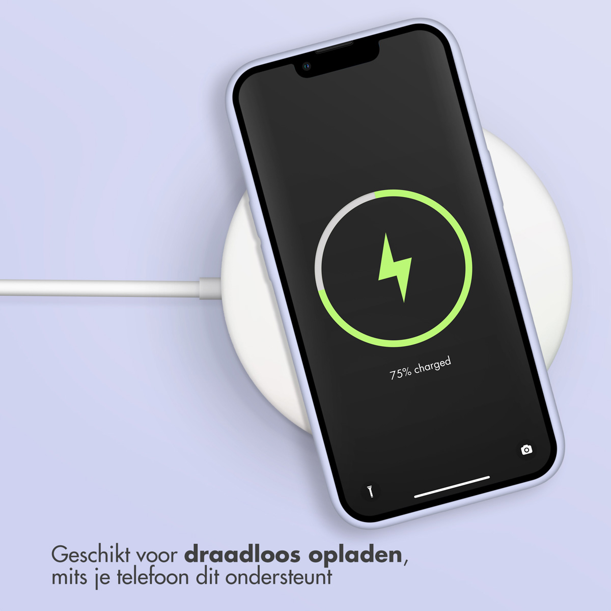 Telefoon draadloos opladen. Scherm toont 75% opgeladen. Geschikt voor draadloos opladen.