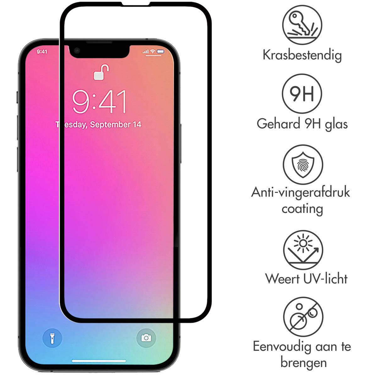 Telefoonschermbeschermer op telefoon. Tekst en pictogrammen leggen functies uit: krasbestendig, UV-licht.