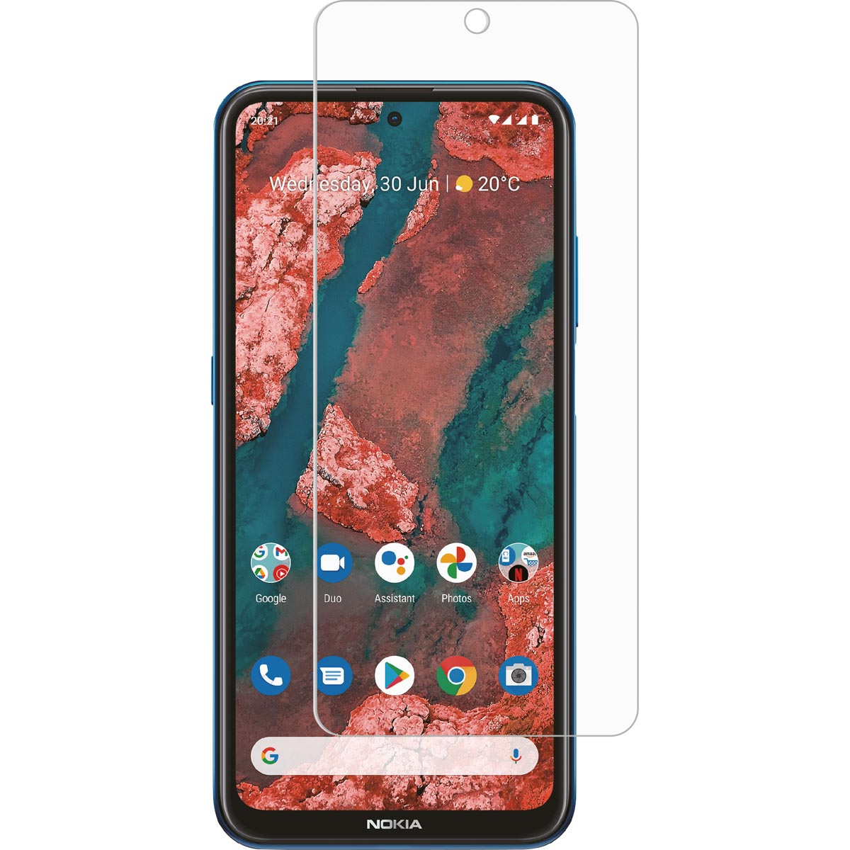 Phone with screen protector applied. Screen displaying app icons. Blue phone with clear glass.