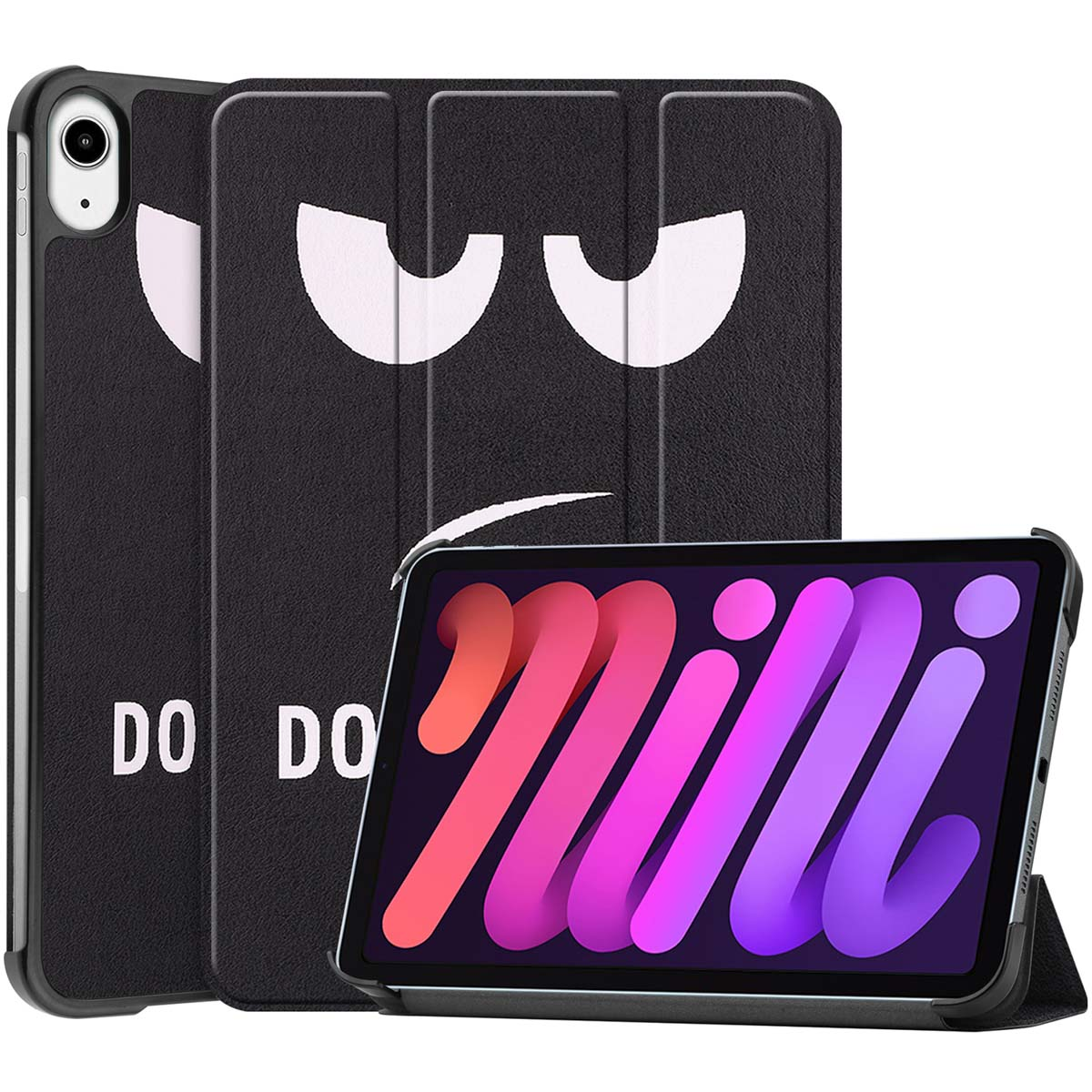 Tablet with a black case with a face on it. The case is open and closed.