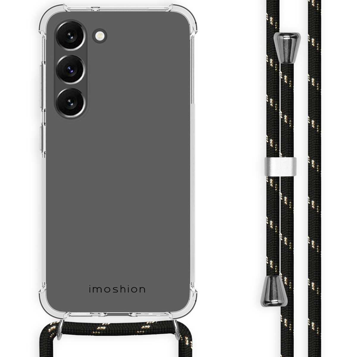 Transparant telefoonhoesje met zwart koord. De hoes omringt de telefoon.
