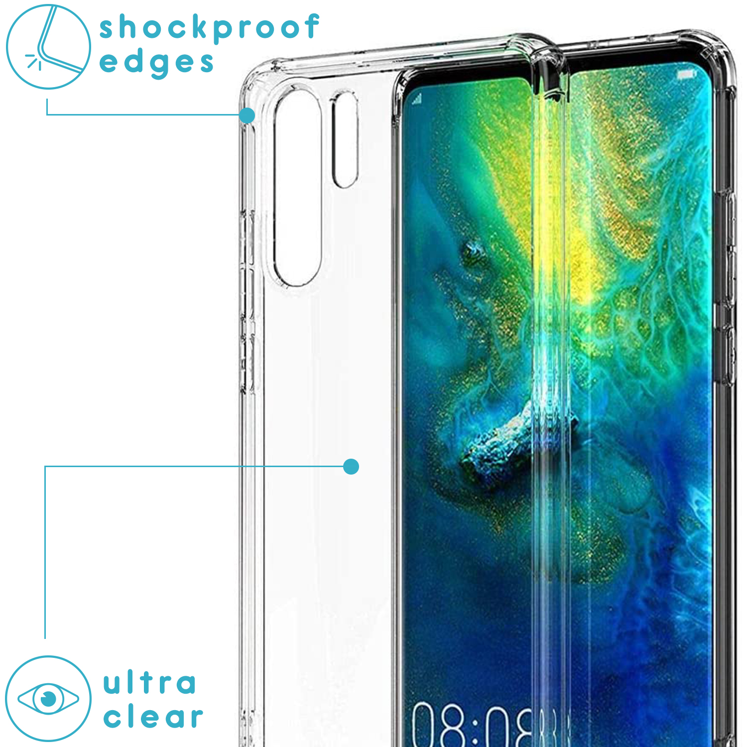 Coque de téléphone transparente, gros plan. Montre une coque transparente avec des bords antichoc.