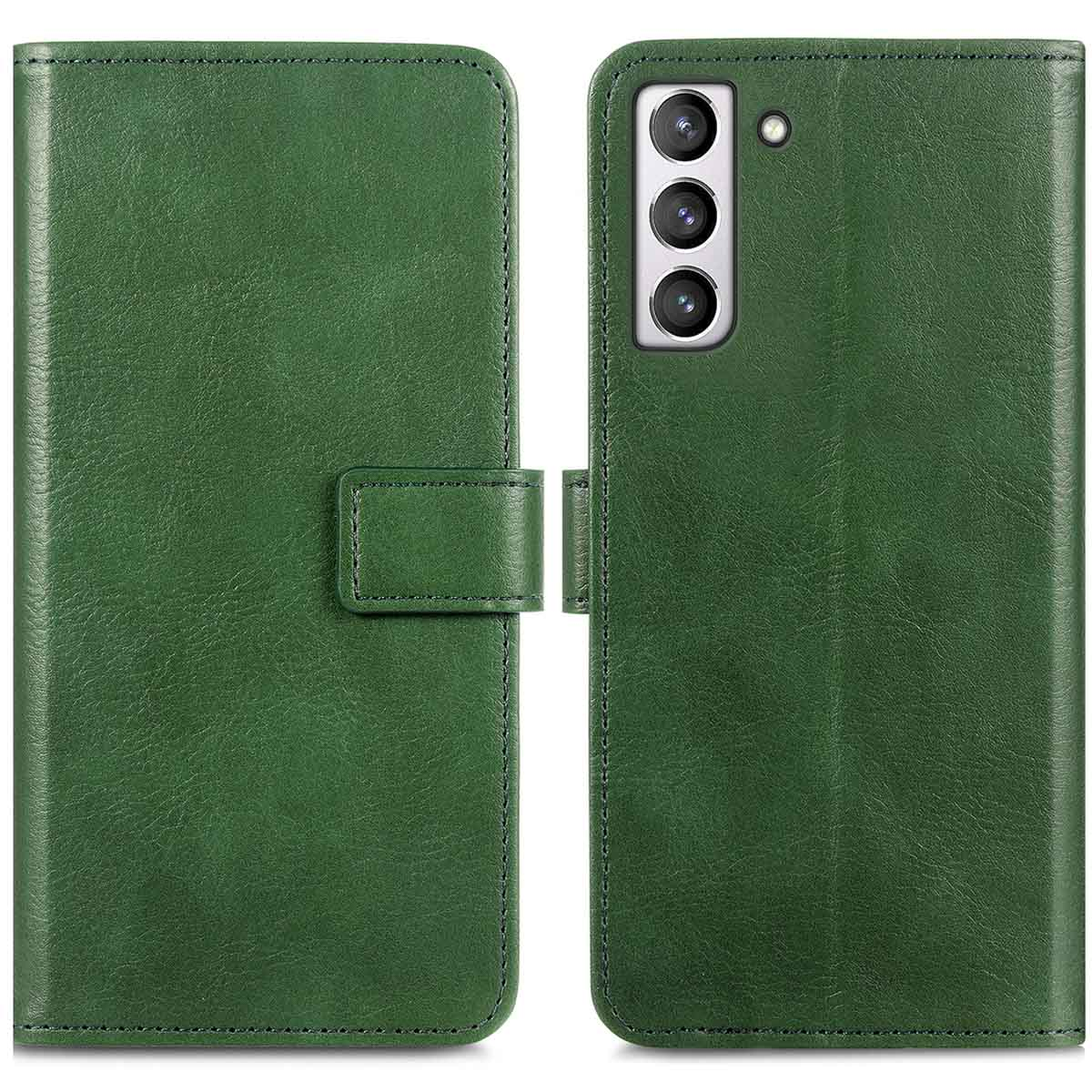 Groene leren telefoonhoes. Telefoon rechts, hoes open. Effen groen leer.