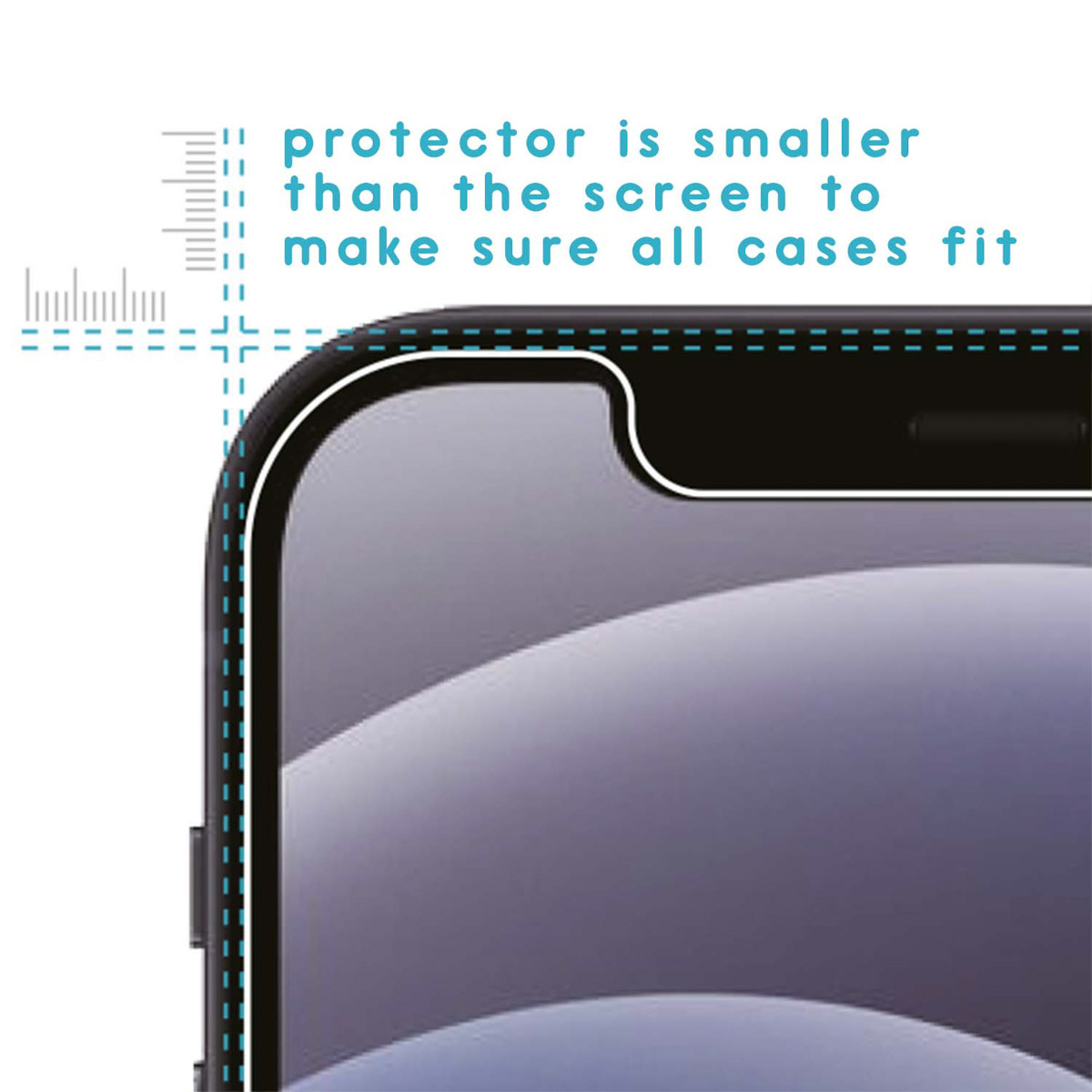 Telefoonschermbeschermer. Hij is kleiner dan het scherm om alle hoesjes te passen. Stippellijnen tonen de grootte.