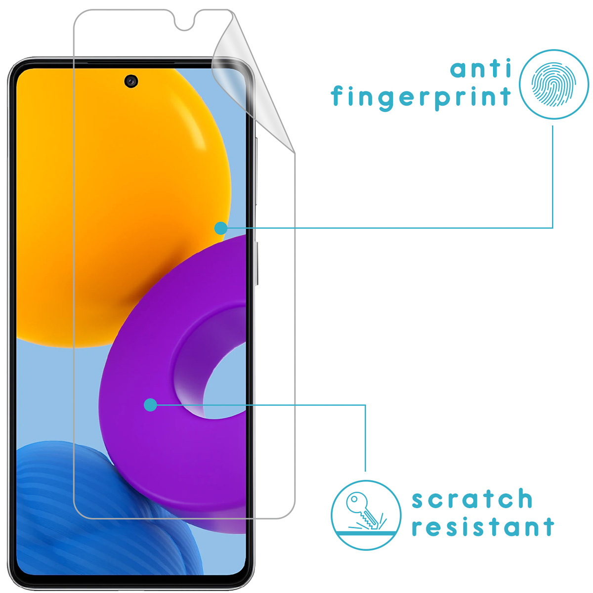 Phone screen protector with anti-fingerprint and scratch-resistant features. Phone with orange, purple, and blue background.