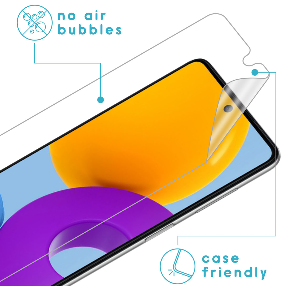 A phone with a screen protector. The protector is being peeled off. The screen has an orange and purple image.
