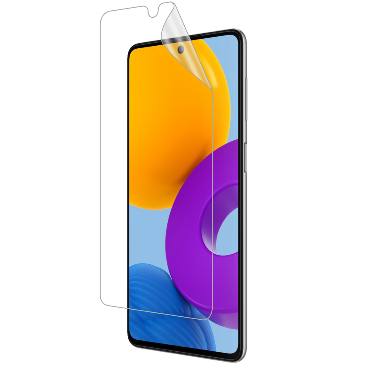 Phone screen protector being applied to a phone. Features a colorful background on the screen.