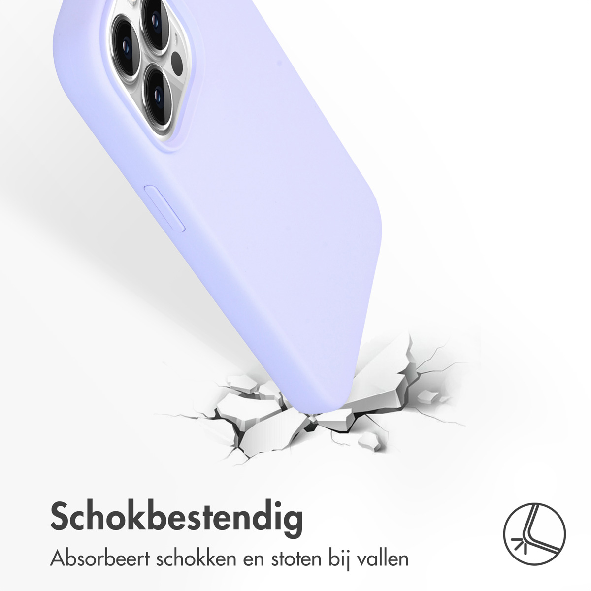 Een paarse telefoonhoes valt op een gebarsten wit oppervlak. Tekst zegt dat het schokbestendig is.