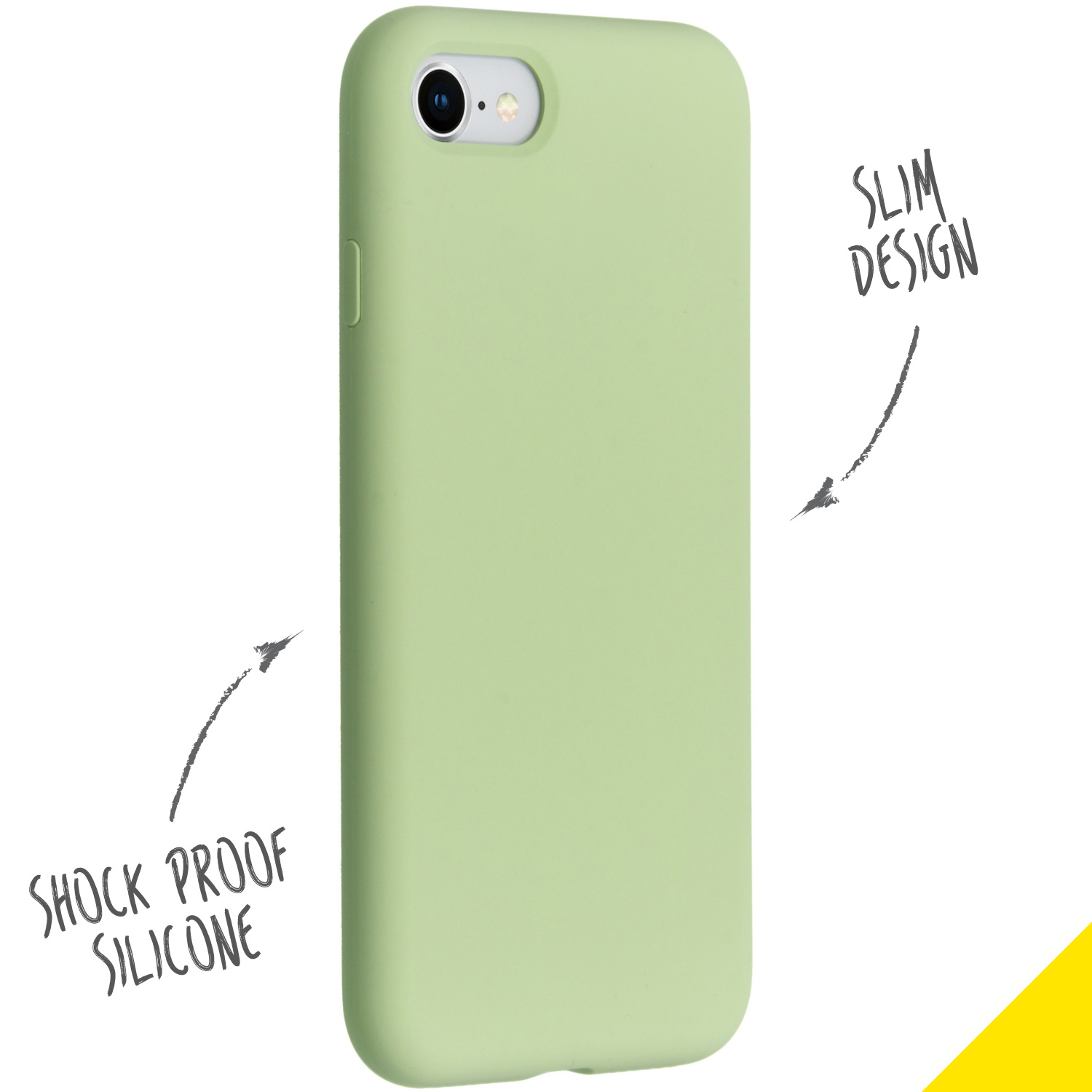 Lichtgroene telefoonhoes. Pijlen tonen schokbestendig en slank ontwerp. Telefoon heeft camera.