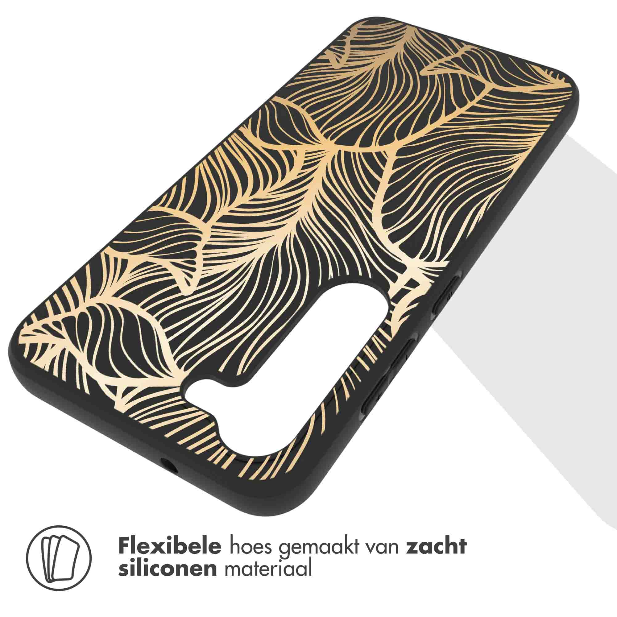 Black phone case with gold leaf design. The case is sitting on a white surface. Text reads: Flexible case.