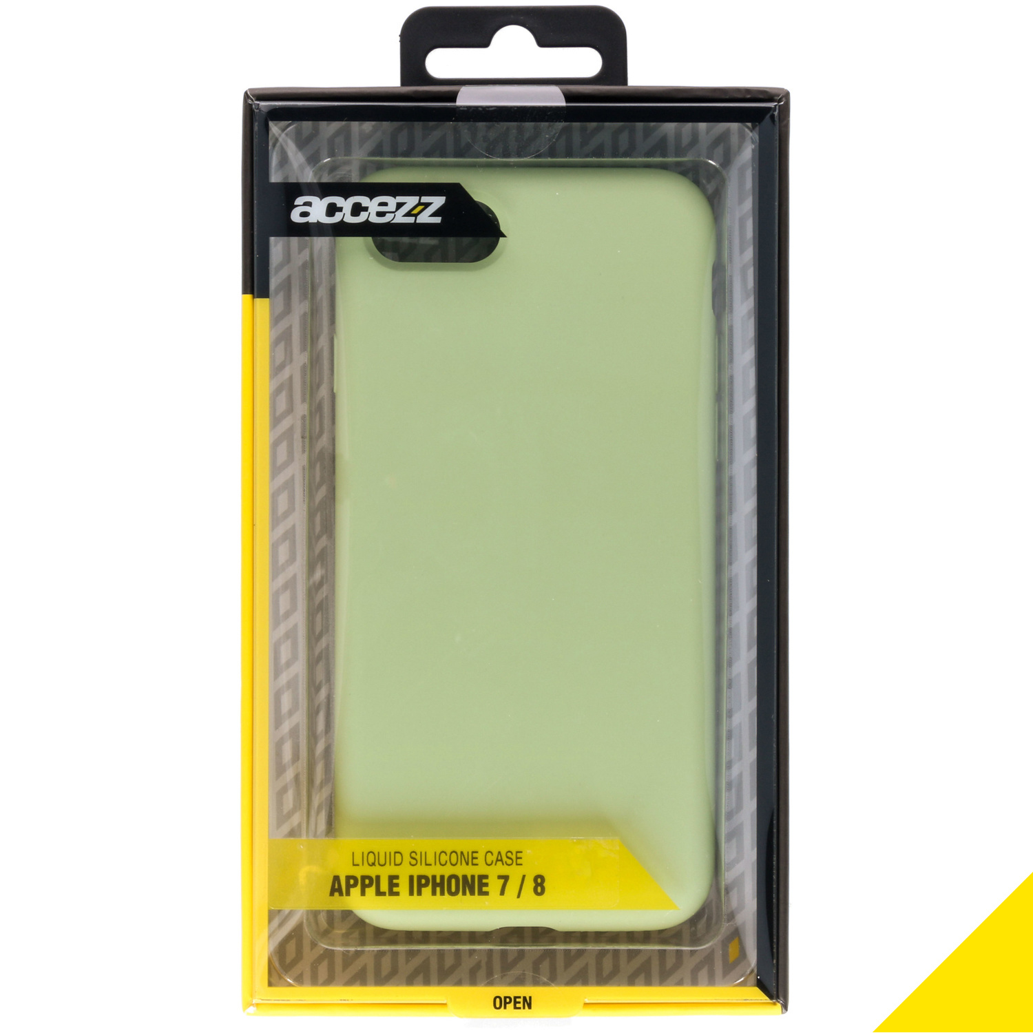 Telefoonhoesje in een doos. De hoes is lichtgroen en heeft een plastic hoes. De doos heeft gele en zwarte patronen.