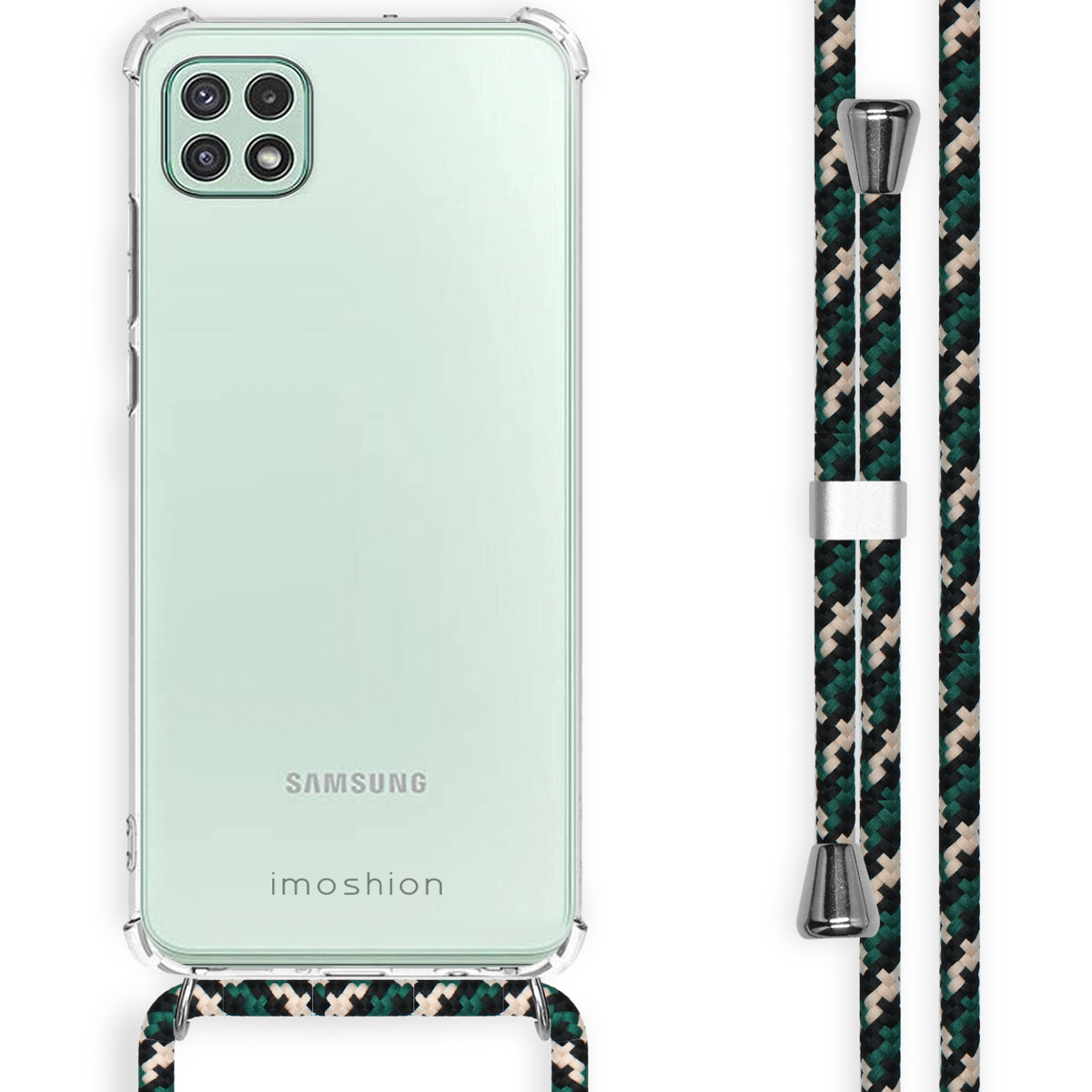 Transparant telefoonhoesje met groene telefoon. De hoes zit om de telefoon en heeft een koord.