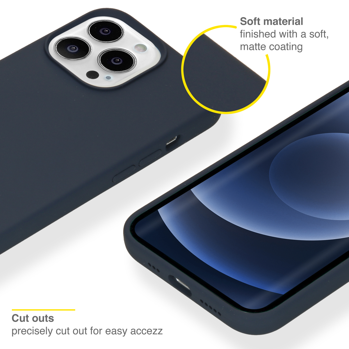 Gros plan d'un téléphone dans un étui bleu. Le texte dit : Matière douce, revêtement mat. Le téléphone a trois caméras.