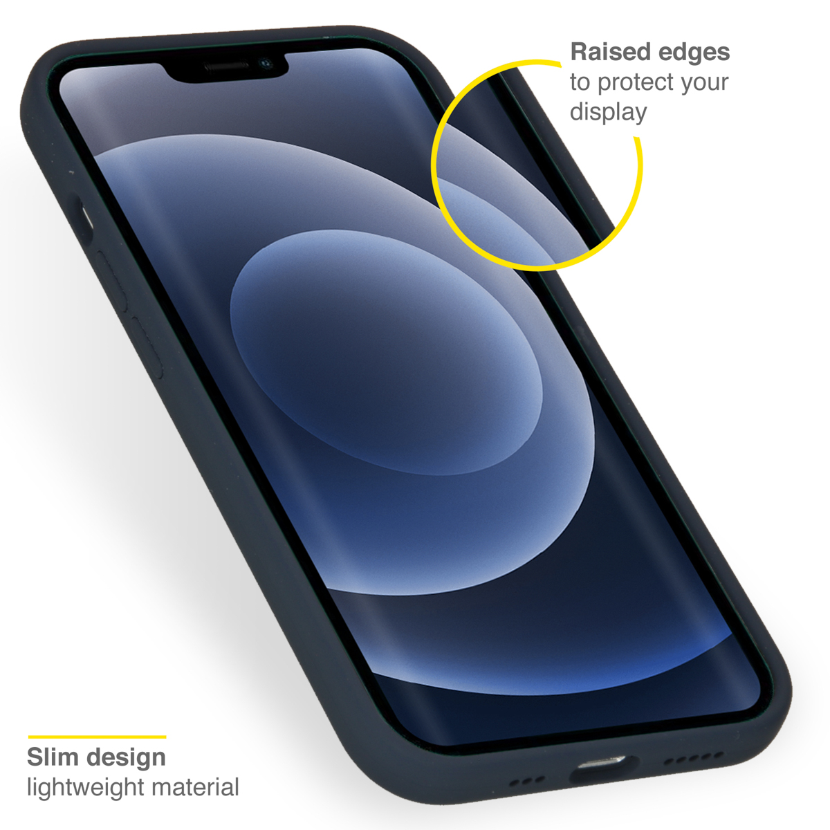 Téléphone dans un étui bleu, en angle. Le texte dit : Design fin, matériau léger. L'écran du téléphone est visible.