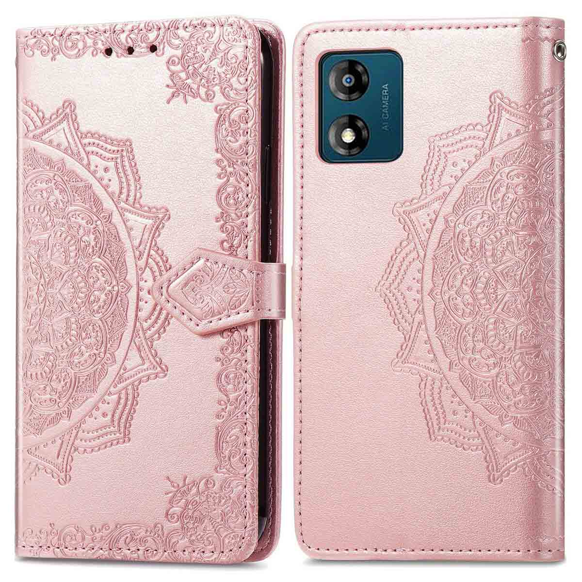 Een roze telefoonportemonneehoes. Het heeft een bloemenontwerp en een sluiting. De achterkant heeft een camera.