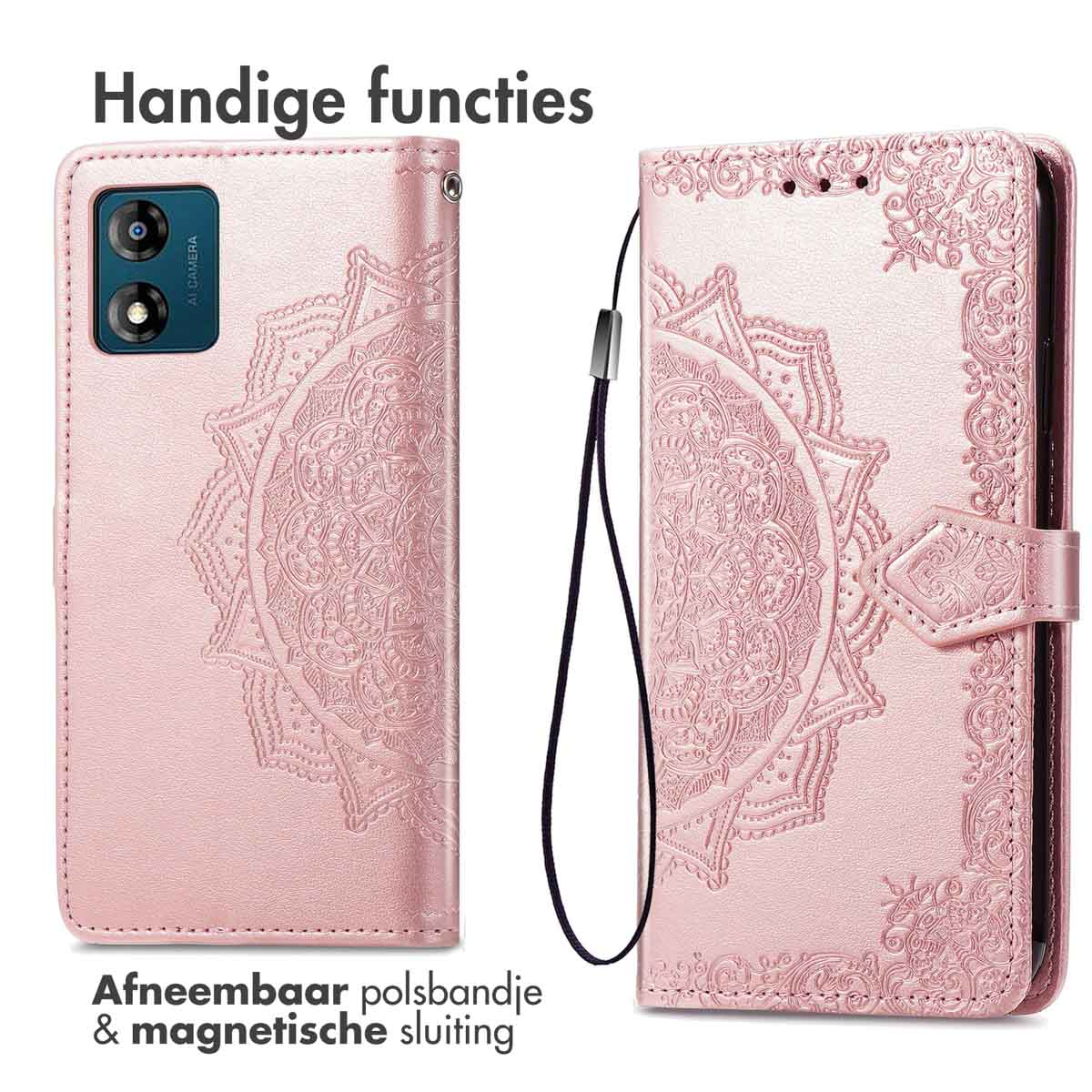 Roze telefoonhoesje met mandala-ontwerp, afneembare polsband en magnetische sluiting.