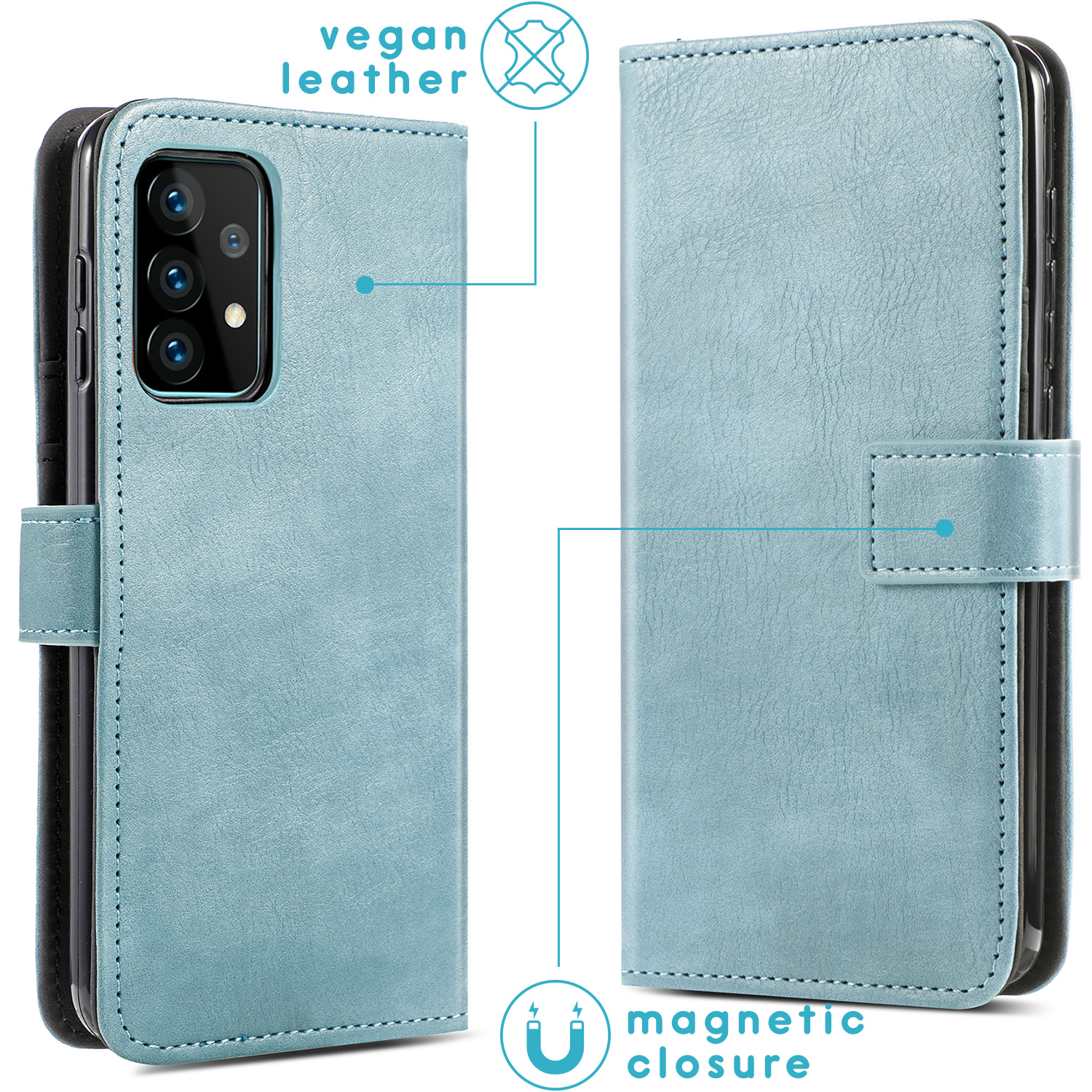 Custodia per telefono in pelle vegana azzurra, aperta per rivelare un telefono nero, con chiusura magnetica.