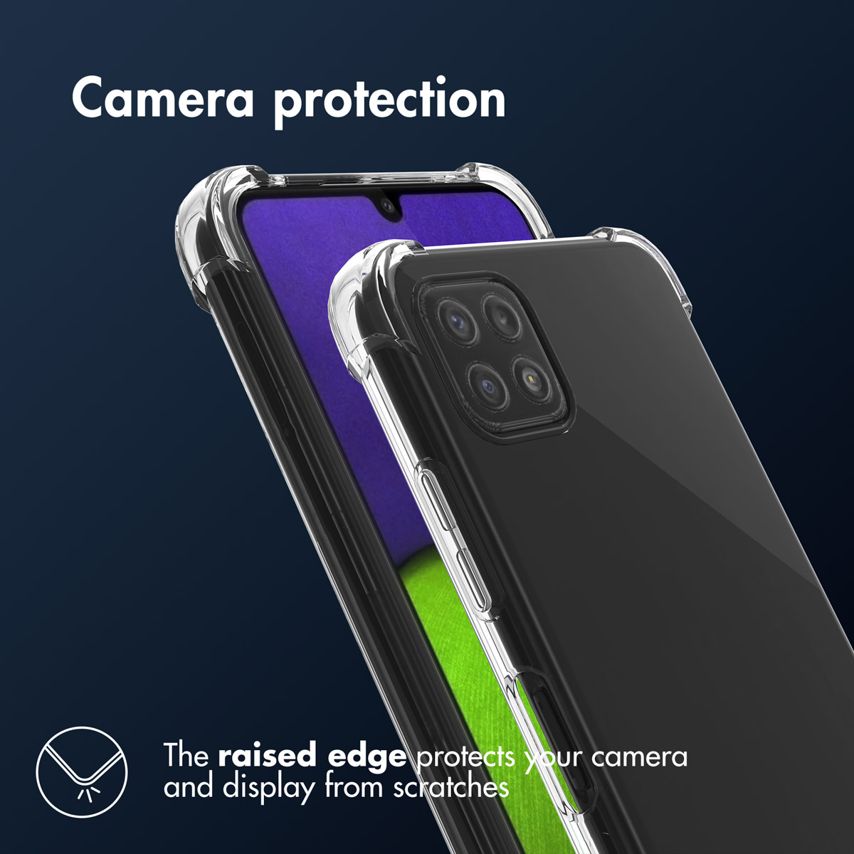 Coque de téléphone transparente avec un téléphone à l'intérieur, montrant la protection de l'appareil photo.