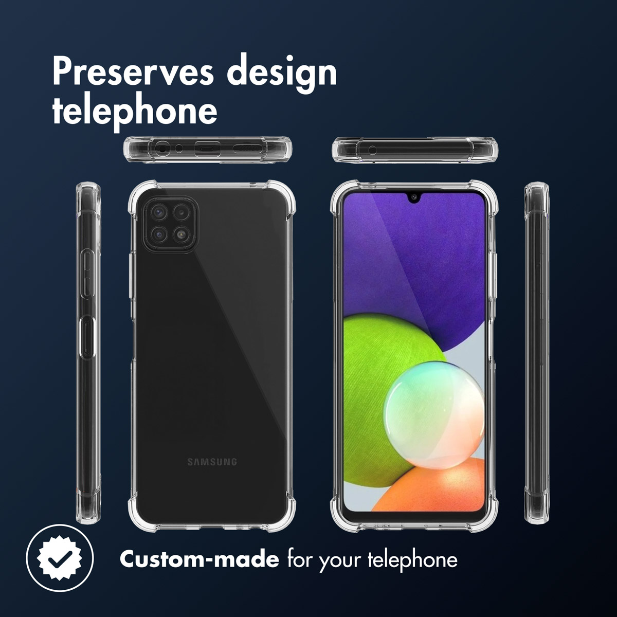 Une coque de téléphone transparente protège le téléphone. La coque a une coche. Le téléphone est noir. Vues supplémentaires.