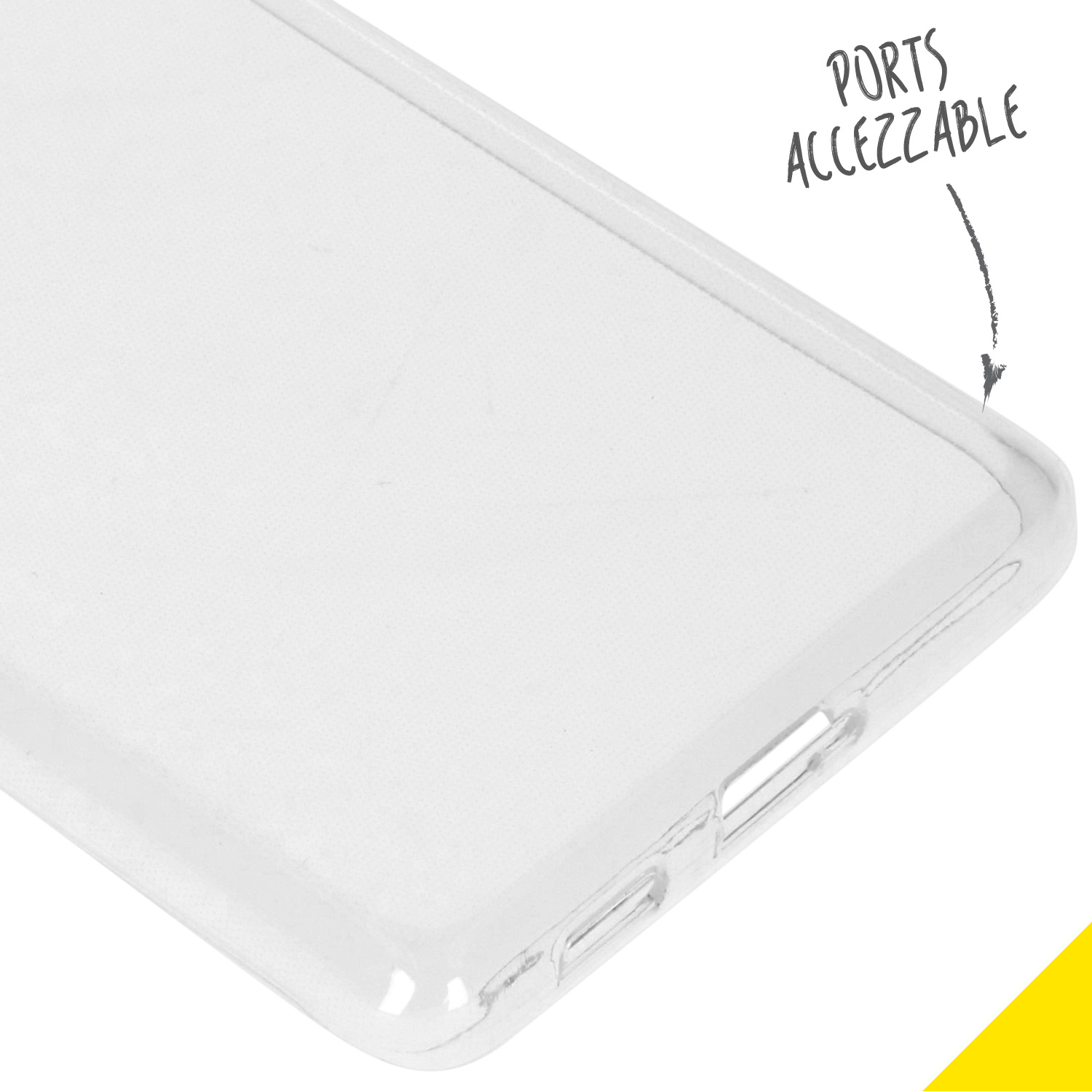 Coque de téléphone transparente, avec ports accessibles.
