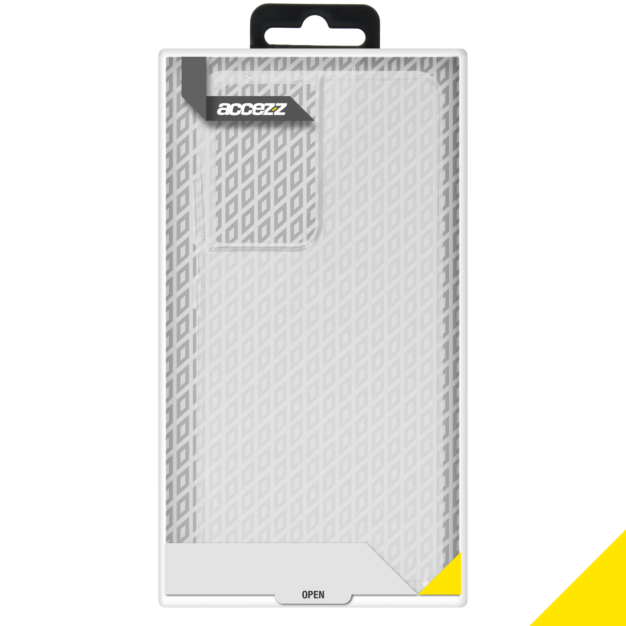 Coque de téléphone transparente dans une boîte. La boîte est blanche avec un panneau avant transparent.