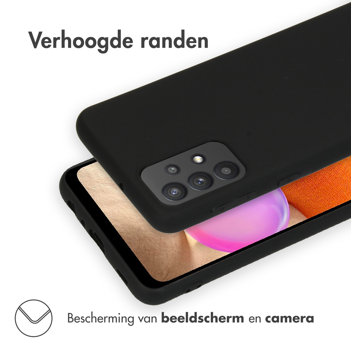 Coque de téléphone noire avec téléphone à l'intérieur. Montre la protection de l'appareil photo et les bords surélevés pour protéger l'écran.