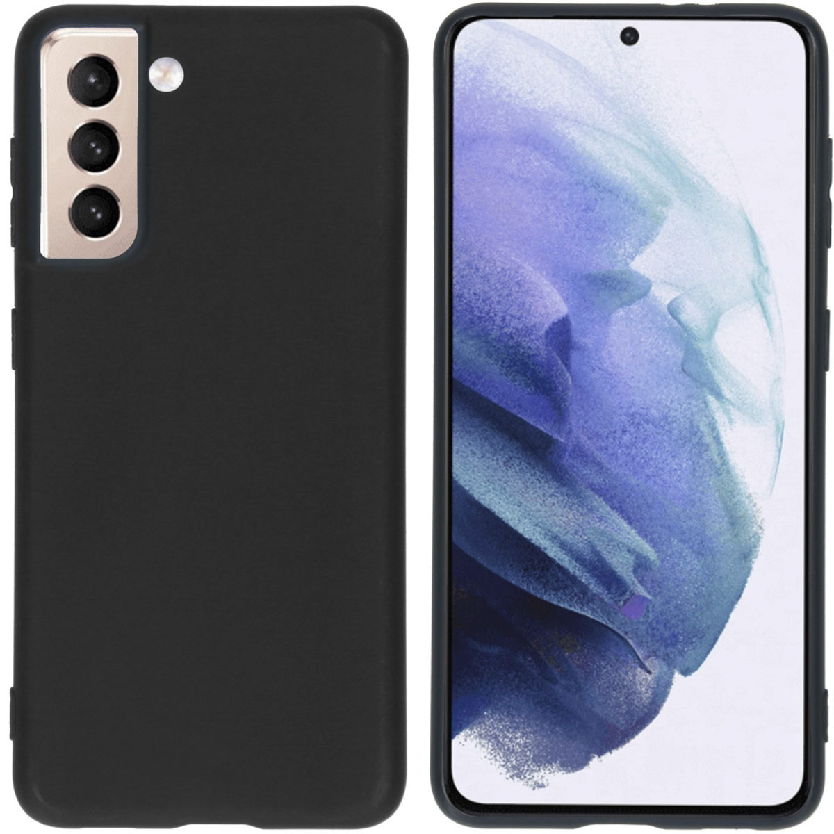 Une coque de téléphone noire. La coque est noire, avec trois lentilles d'appareil photo. Le téléphone est noir.