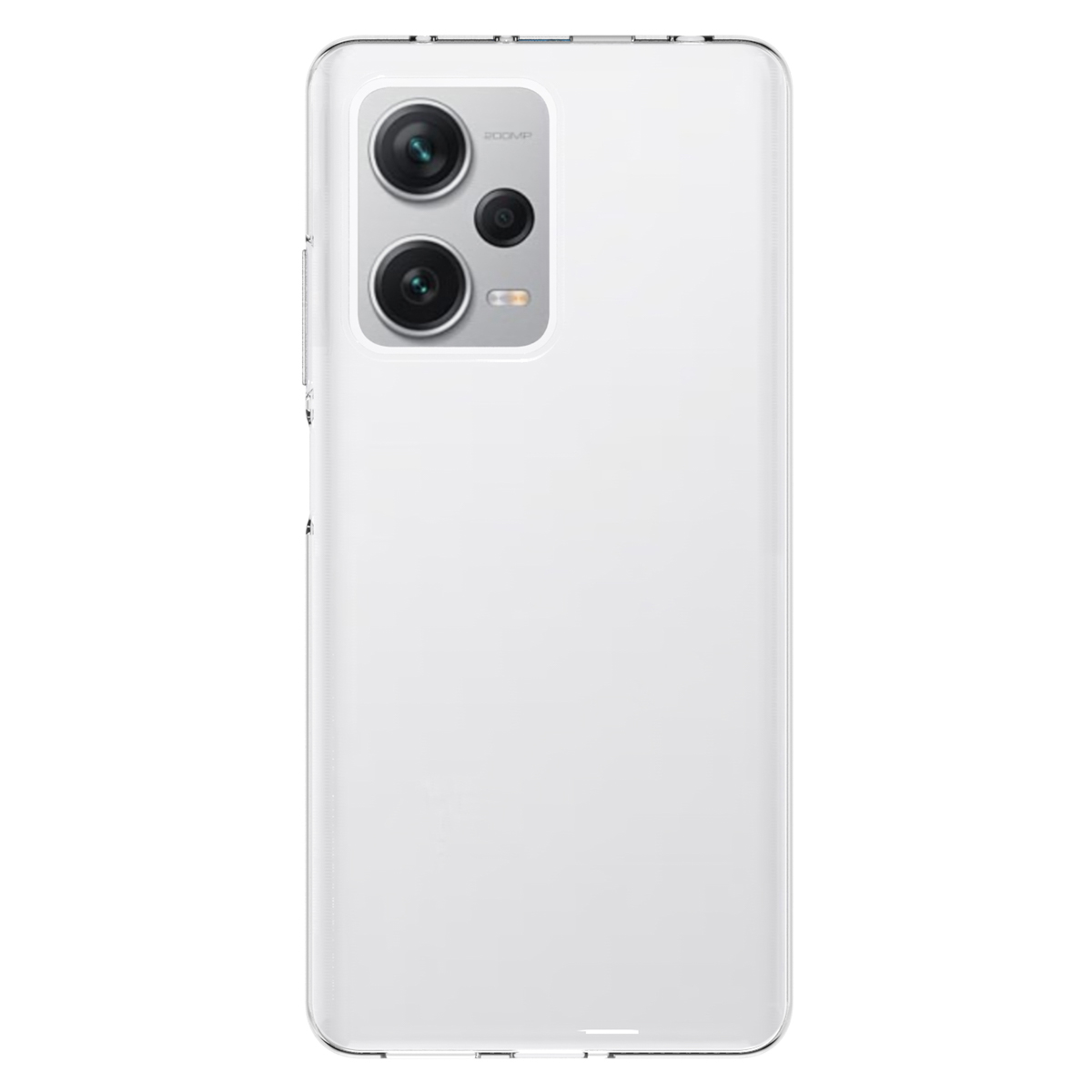 Een witte telefoonhoes, met de achterkant van een telefoon erin. Het heeft een doorzichtige achterkant en een 200MP camera.
