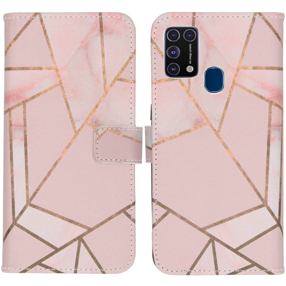 Un étui portefeuille rose pour téléphone. Il présente des motifs géométriques dorés. L'étui est en position ouverte.