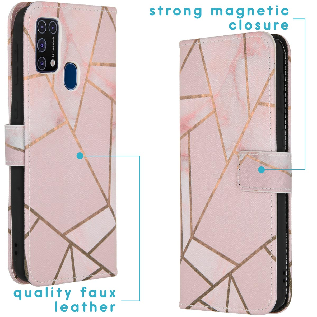 Coque de téléphone rose à motifs marbrés. L'étui est ouvert, montrant le téléphone à l'intérieur. Le texte dit : Cuir synthétique de qualité.