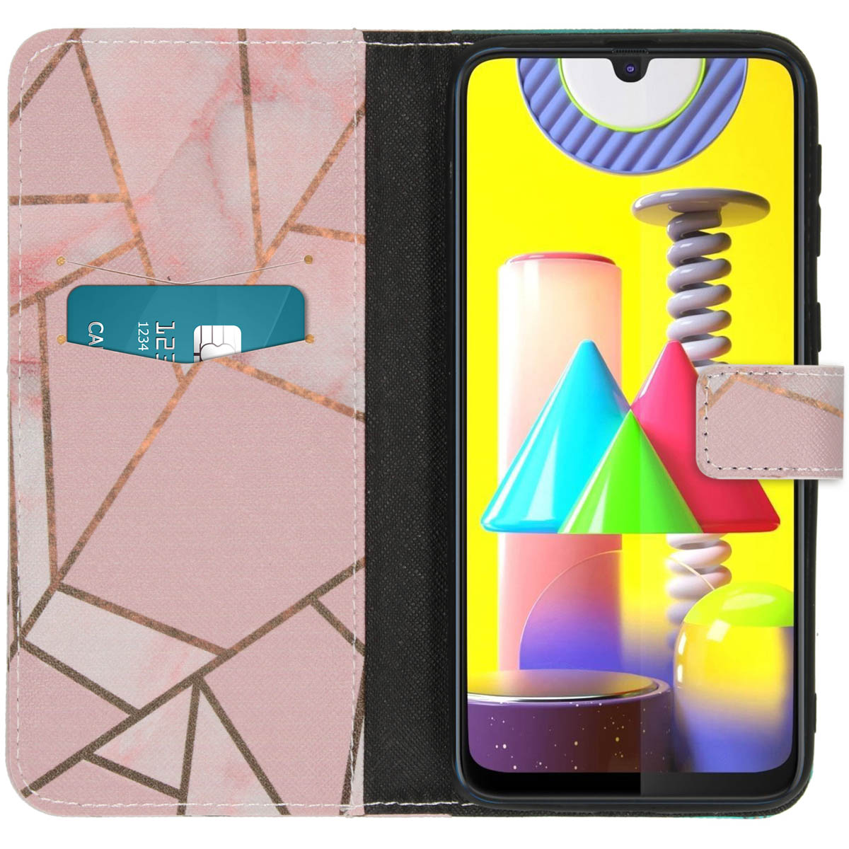 Étui de téléphone rose, ouvert pour montrer un téléphone avec un fond abstrait coloré et une carte.
